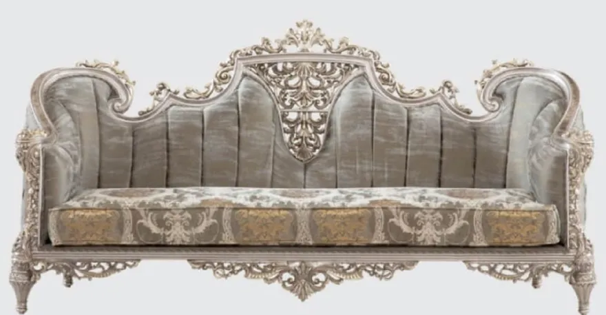 Casa Padrino Luxus Barock Sofa Grau / Silber / Gold 240 x 90 x H. 120 cm - Prunkvolles Wohnzimmer Sofa mit elegantem Muster - Möbel im Barockstil