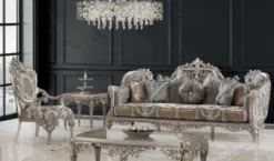 Casa Padrino Luxus Barock Sofa Grau / Silber / Gold 240 x 90 x H. 120 cm - Prunkvolles Wohnzimmer Sofa mit elegantem Muster - Möbel im Barockstil