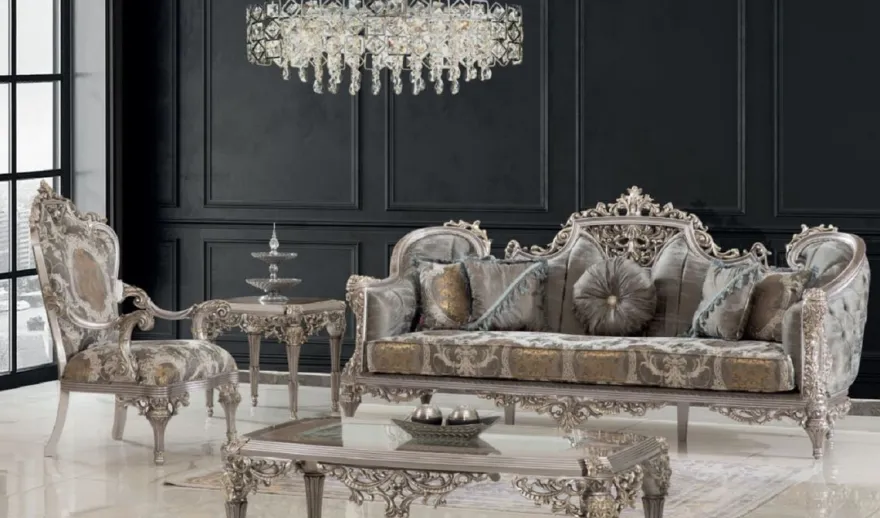 Casa Padrino Luxus Barock Sofa Grau / Silber / Gold 240 x 90 x H. 120 cm - Prunkvolles Wohnzimmer Sofa mit elegantem Muster - Möbel im Barockstil