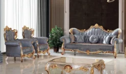 Casa Padrino Luxus Barock Sofa Blau / Kupfer / Silber / Braun / Gold 255 x 100 x H. 128 cm - Prunkvolles Wohnzimmer Sofa mit elegantem Muster - Möbel im Barockstil