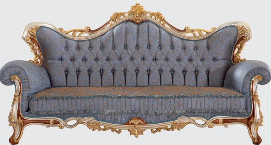 Casa Padrino Luxus Barock Sofa Blau / Kupfer / Silber / Braun / Gold 255 x 100 x H. 128 cm - Prunkvolles Wohnzimmer Sofa mit elegantem Muster - Möbel im Barockstil