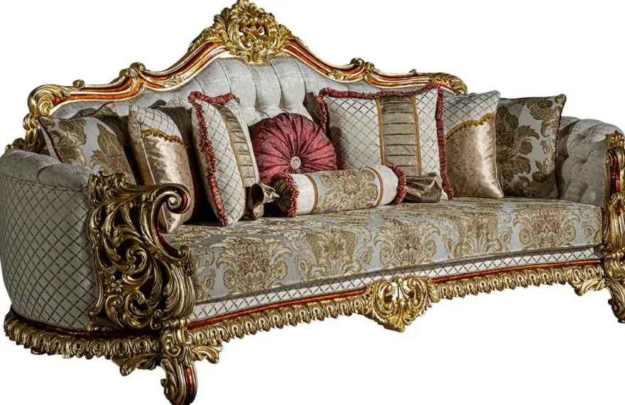 Casa Padrino Luxus Barock Sofa Grau / Rot / Gold 270 x 105 x H. 128 cm - Wohnzimmer Sofa mit dekorativen Kissen - Edel & Prunkvoll