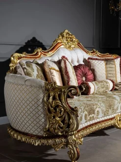 Casa Padrino Luxus Barock Sofa Grau / Rot / Gold 270 x 105 x H. 128 cm - Wohnzimmer Sofa mit dekorativen Kissen - Edel & Prunkvoll