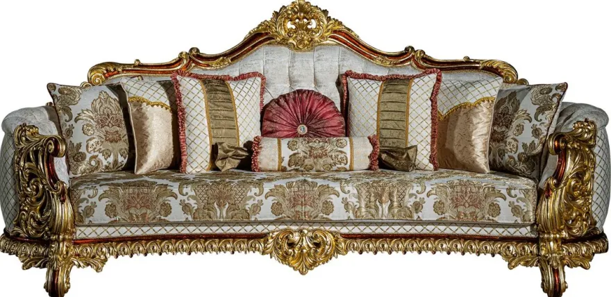 Casa Padrino Luxus Barock Sofa Grau / Rot / Gold 270 x 105 x H. 128 cm - Wohnzimmer Sofa mit dekorativen Kissen - Edel & Prunkvoll