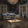Casa Padrino Luxus Barock Sofa Blau / Gold 220 x 90 x H. 110 cm - Prunkvolles Wohnzimmer Sofa mit Glitzersteinen und dekorativen Kissen
