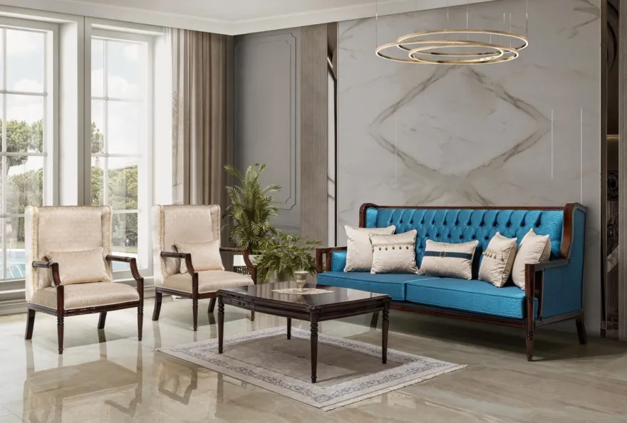Casa Padrino Luxus Barock Sofa Blau / Dunkelbraun 230 cm