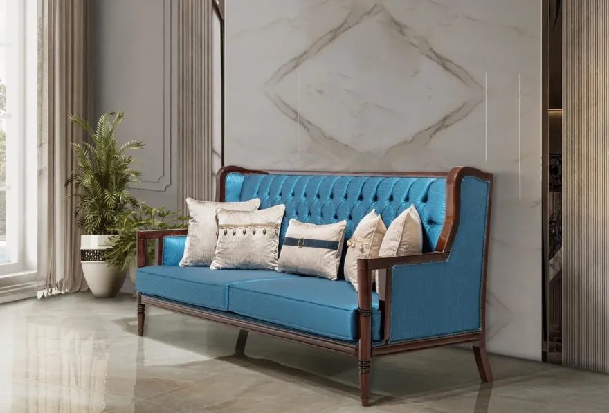 Casa Padrino Luxus Barock Sofa Blau / Dunkelbraun 230 cm