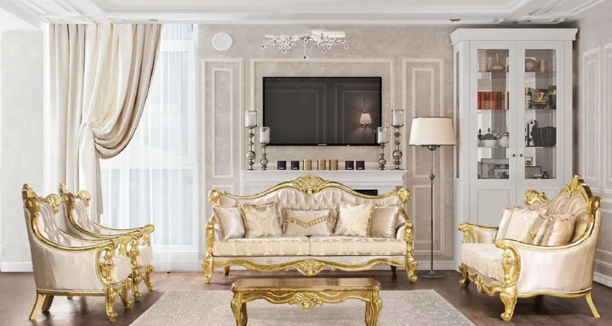 Casa Padrino Luxus Barock Sofa Beige / Gold - Prunkvolles Wohnzimmer Sofa mit Muster - Barock Wohnzimmer Möbel - Edel & Prunkvoll