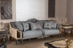 Casa Padrino Luxus Barock Sofa Hellblau / Beige / Schwarz / Gold - Prunkvolles Wohnzimmer Sofa mit elegantem Muster - Barock Wohnzimmer & Hotel Möbel - Edel & Prunkvoll