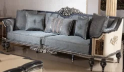 Casa Padrino Luxus Barock Sofa Hellblau / Beige / Schwarz / Gold - Prunkvolles Wohnzimmer Sofa mit elegantem Muster - Barock Wohnzimmer & Hotel Möbel - Edel & Prunkvoll