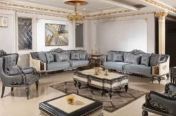 Casa Padrino Luxus Barock Sofa Hellblau / Beige / Schwarz / Gold - Prunkvolles Wohnzimmer Sofa mit elegantem Muster - Barock Wohnzimmer & Hotel Möbel - Edel & Prunkvoll