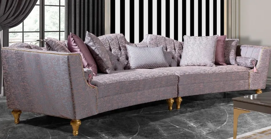 Casa Padrino Luxus Barock Sofa Rosa / Silber / Gold - Gebogenes Wohnzimmer Sofa - Hotel Sofa - Luxus Barock Wohnzimmer & Hotel Möbel - Edel & Prunkvoll