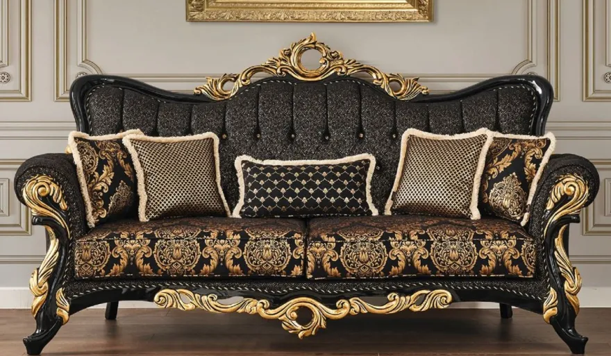 Casa Padrino Luxus Barock Sofa Schwarz / Gold 230 x 80 x H. 126 cm - Prunkvolles Wohnzimmer Sofa mit elegantem Muster und dekorativen Kissen - Barock Wohnzimmer Möbel