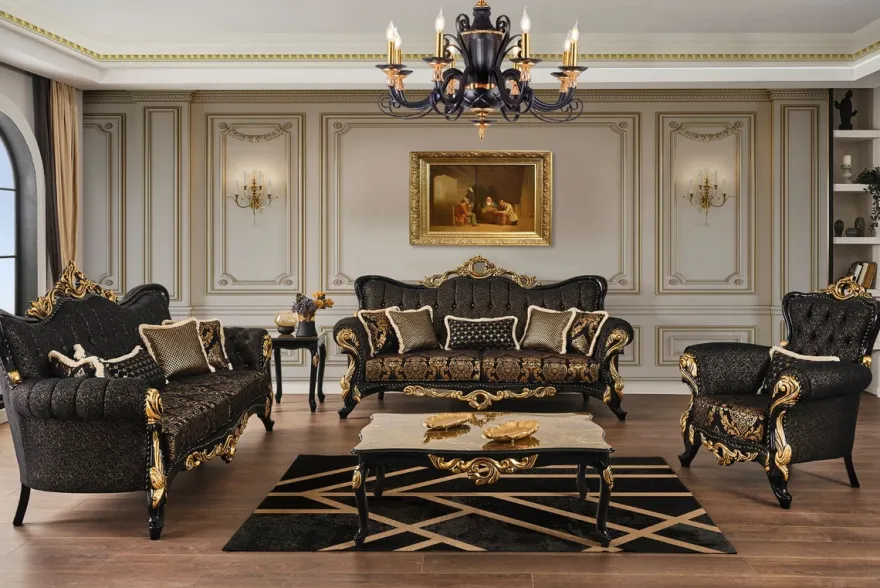Casa Padrino Luxus Barock Sofa Schwarz / Gold 230 x 80 x H. 126 cm - Prunkvolles Wohnzimmer Sofa mit elegantem Muster und dekorativen Kissen - Barock Wohnzimmer Möbel