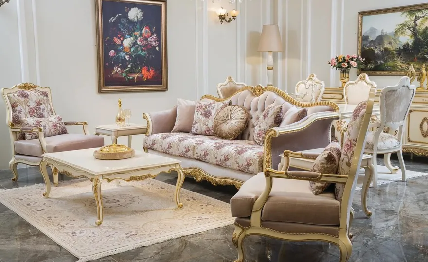 Casa Padrino Luxus Barock Sofa Rosa / Weiß / Gold 228 x 88 x H. 108 cm - Edles Wohnzimmer Sofa mit Blumenmuster und dekorativen Kissen - Barock Wohnzimmer Möbel