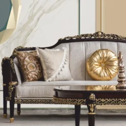 Casa Padrino Luxus Barock Sofa Naturfarben / Dunkelbraun / Gold 255 cm - Barock Möbel