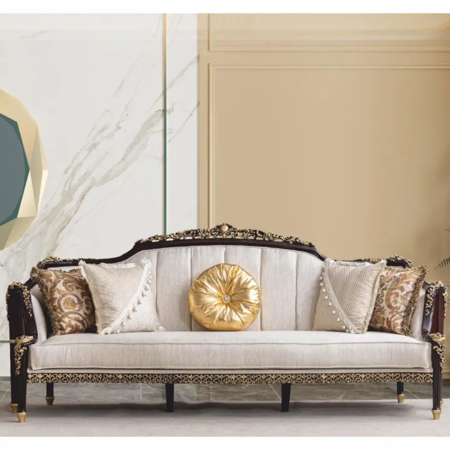 Casa Padrino Luxus Barock Sofa Naturfarben / Dunkelbraun / Gold 255 cm - Barock Möbel