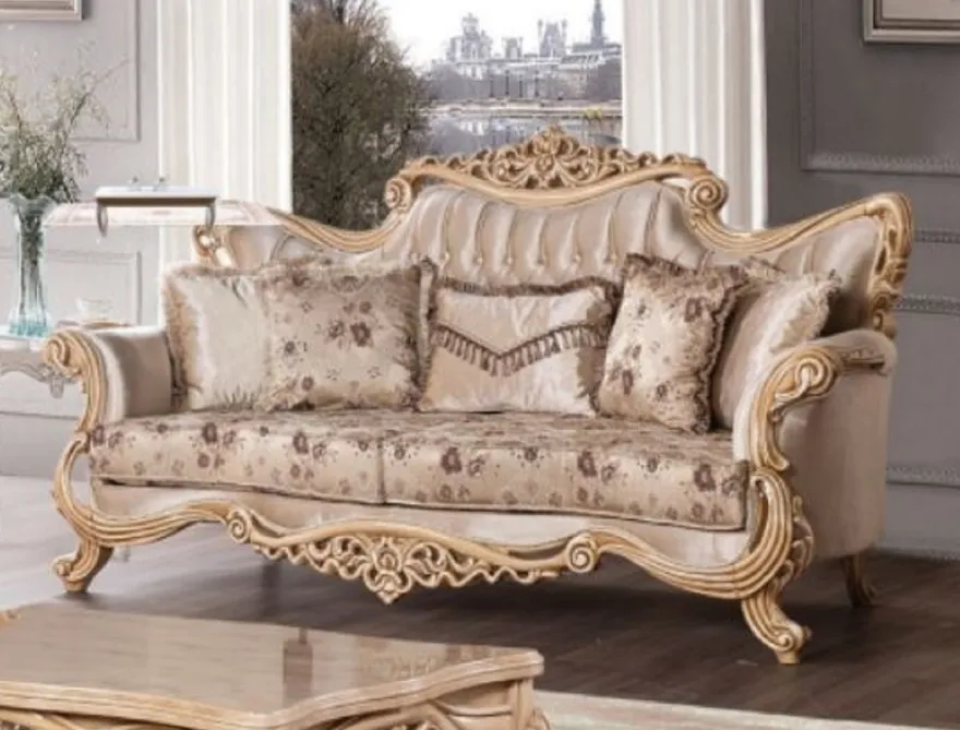 Casa Padrino Luxus Barock Sofa Beige / Braun / Naturfarben - Prunkvolles Wohnzimmer Sofa mit elegantem Muster - Barock Möbel - Edel & Prunkvoll