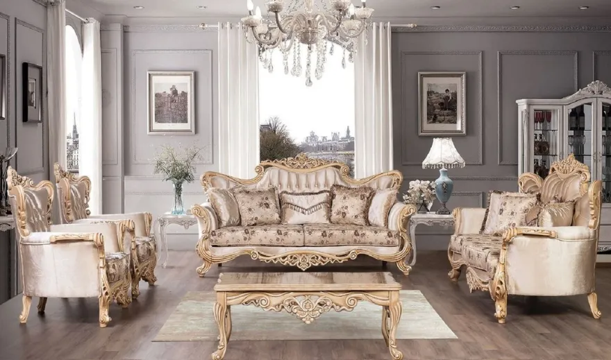 Casa Padrino Luxus Barock Sofa Beige / Braun / Naturfarben - Prunkvolles Wohnzimmer Sofa mit elegantem Muster - Barock Möbel - Edel & Prunkvoll