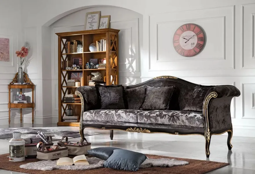 Casa Padrino Luxus Barock Sofa Grau / Schwarz / Gold - Edles Wohnzimmer Sofa mit elegantem Muster - Barock Möbel - Luxus Qualität - Made in Italy