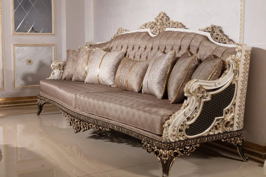 Casa Padrino Luxus Barock Sofa Grau / Weiß / Dunkelbraun / Gold 255 cm