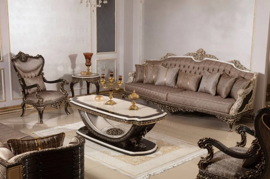 Casa Padrino Luxus Barock Sofa Grau / Weiß / Dunkelbraun / Gold 255 cm