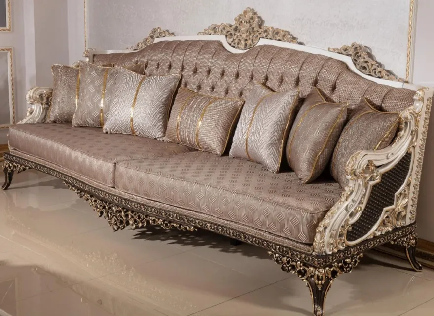Casa Padrino Luxus Barock Sofa Grau / Weiß / Dunkelbraun / Gold 255 cm