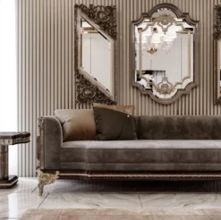 Casa Padrino Luxus Barock Sofa Grau / Dunkelbraun / Gold 265 cm