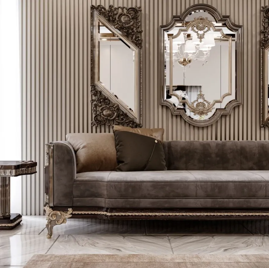 Casa Padrino Luxus Barock Sofa Grau / Dunkelbraun / Gold 265 cm