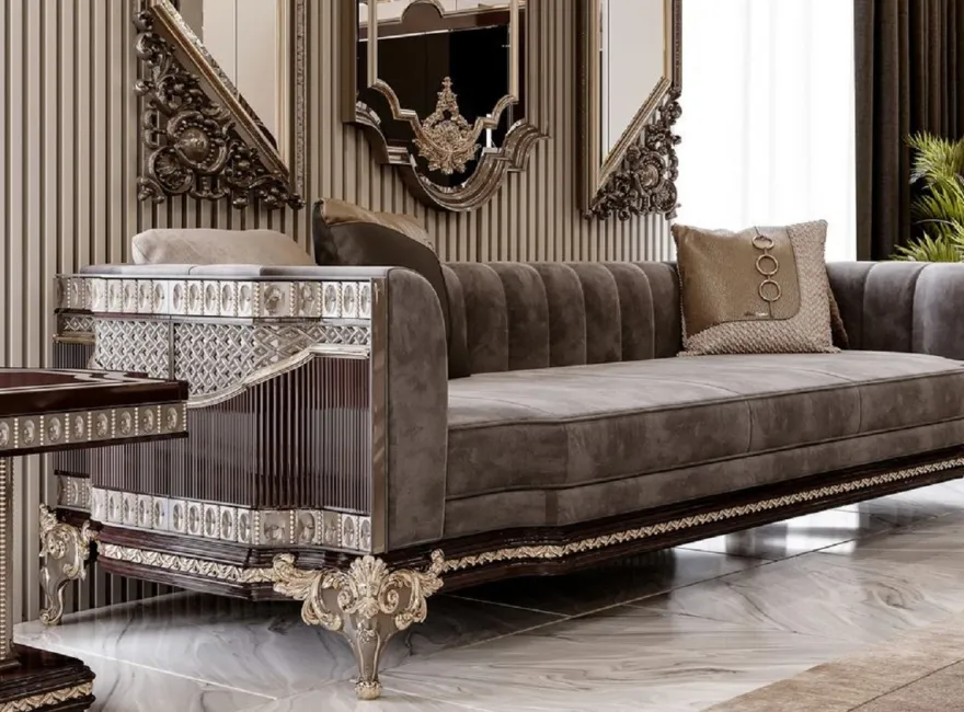 Casa Padrino Luxus Barock Sofa Grau / Dunkelbraun / Gold 265 cm