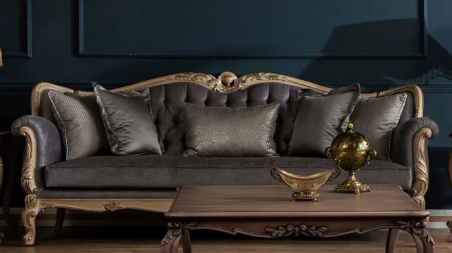 Casa Padrino Luxus Barock Sofa Grau / Naturfarben - Handgefertigtes Wohnzimmer Sofa im Barockstil - Barock Wohnzimmer Möbel