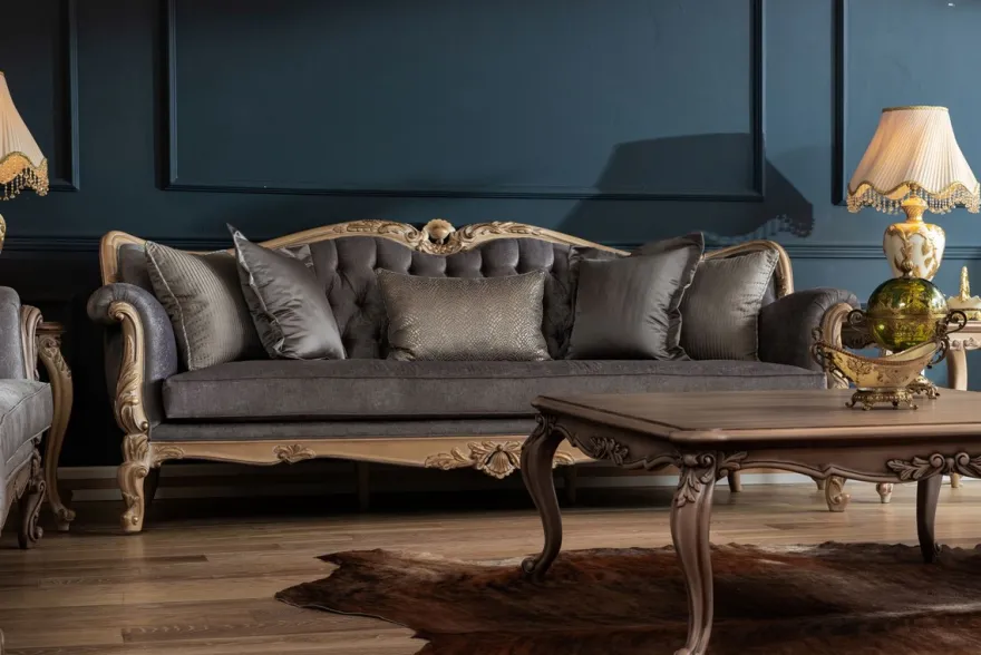 Casa Padrino Luxus Barock Sofa Grau / Naturfarben - Handgefertigtes Wohnzimmer Sofa im Barockstil - Barock Wohnzimmer Möbel