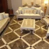 Casa Padrino Luxus Barock Sofa Hellblau / Weiß / Gold - Prunkvolles Wohnzimmer Sofa mit elegantem Muster - Barock Wohnzimmer Möbel