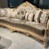 Casa Padrino Luxus Barock Sofa Grau / Braun / Naturfarben / Gold - Handgefertigtes Wohnzimmer Sofa mit elegantem Muster und dekorativen Kissen - Prunkvolle Wohnzimmer Möbel im Barockstil
