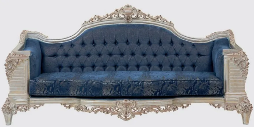 Casa Padrino Luxus Barock Sofa Blau / Creme / Kupfer / Gold 245 x 100 x H. 115 cm - Prunkvolles Wohnzimmer Sofa mit elegantem Muster - Möbel im Barockstil