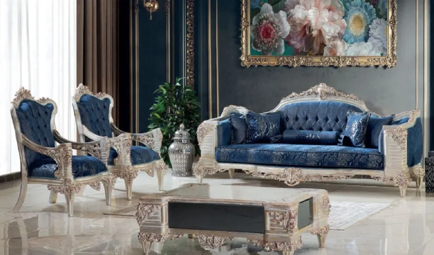 Casa Padrino Luxus Barock Sofa Blau / Creme / Kupfer / Gold 245 x 100 x H. 115 cm - Prunkvolles Wohnzimmer Sofa mit elegantem Muster - Möbel im Barockstil