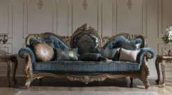 Casa Padrino Luxus Barock Sofa Blau / Gold 260 x 90 x H. 125 cm - Prunkvolles Wohnzimmer Sofa mit elegantem Muster und dekorativen Kissen - Barock Möbel