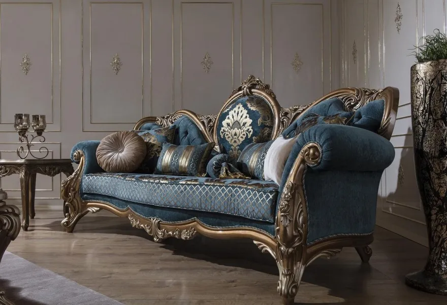 Casa Padrino Luxus Barock Sofa Blau / Gold 260 x 90 x H. 125 cm - Prunkvolles Wohnzimmer Sofa mit elegantem Muster und dekorativen Kissen - Barock Möbel