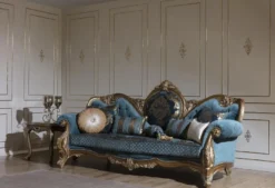 Casa Padrino Luxus Barock Sofa Blau / Gold 260 x 90 x H. 125 cm - Prunkvolles Wohnzimmer Sofa mit elegantem Muster und dekorativen Kissen - Barock Möbel