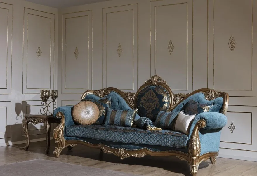Casa Padrino Luxus Barock Sofa Blau / Gold 260 x 90 x H. 125 cm - Prunkvolles Wohnzimmer Sofa mit elegantem Muster und dekorativen Kissen - Barock Möbel