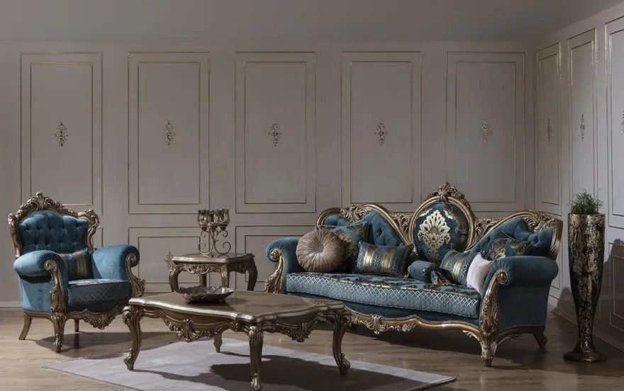 Casa Padrino Luxus Barock Sofa Blau / Gold 260 x 90 x H. 125 cm - Prunkvolles Wohnzimmer Sofa mit elegantem Muster und dekorativen Kissen - Barock Möbel