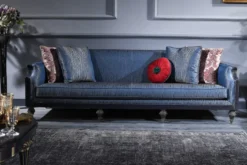 Casa Padrino Luxus Barock Sofa Blau / Gold / Schwarz 240 x 88 x H. 85 cm - Barock Wohnzimmermöbel