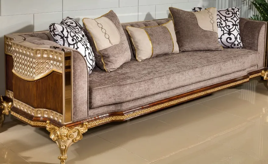 Casa Padrino Luxus Barock Sofa Grau / Dunkelbraun / Gold 265 cm - Barock Möbel