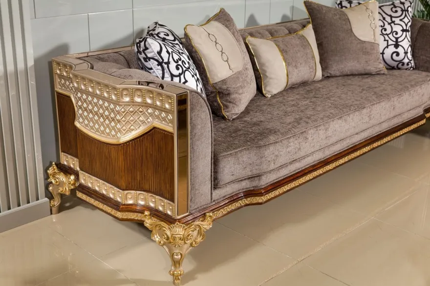 Casa Padrino Luxus Barock Sofa Grau / Dunkelbraun / Gold 265 cm - Barock Möbel