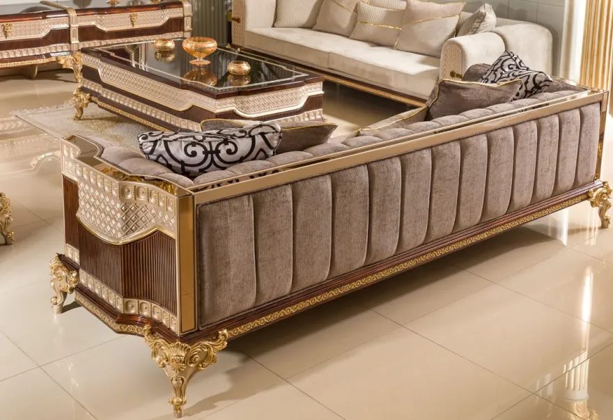 Casa Padrino Luxus Barock Sofa Grau / Dunkelbraun / Gold 265 cm - Barock Möbel