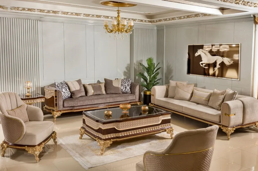 Casa Padrino Luxus Barock Sofa Grau / Dunkelbraun / Gold 265 cm - Barock Möbel