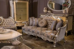 Casa Padrino Luxus Barock Sofa Grau / Blau / Silber 227 x 93 x H. 117 cm - Prunkvolles Wohnzimmer Sofa mit Blumenmuster und dekorativen Kissen - Barock Wohnzimmer Möbel