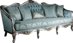 Casa Padrino Luxus Barock Sofa Hellblau / Silber / Gold 238 x 85 x H. 106 cm - Wohnzimmer Sofa mit elegantem Muster und dekorativen Kissen - Barock Wohnzimmer Möbel