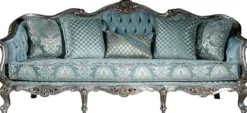 Casa Padrino Luxus Barock Sofa Hellblau / Silber / Gold 238 x 85 x H. 106 cm - Wohnzimmer Sofa mit elegantem Muster und dekorativen Kissen - Barock Wohnzimmer Möbel