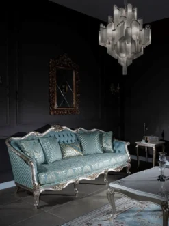Casa Padrino Luxus Barock Sofa Hellblau / Silber / Gold 238 x 85 x H. 106 cm - Wohnzimmer Sofa mit elegantem Muster und dekorativen Kissen - Barock Wohnzimmer Möbel